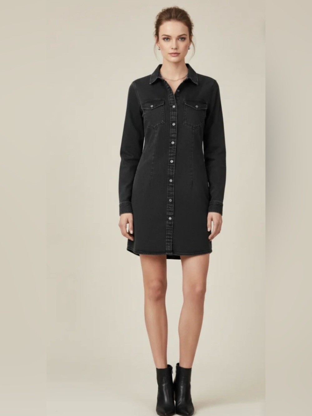 NWOT— Velvet Heart Washed Black Button-Front Denim Shirt Mini Dress